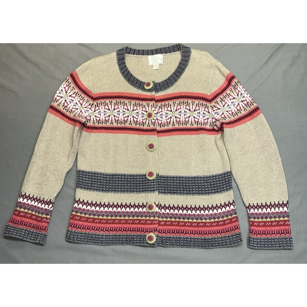 Christopher & Banks Hand Crochet Cardigan Sweater Multicolor Fair Isle Knit Sz L